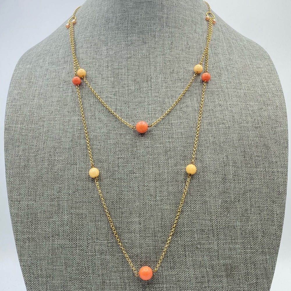 Rachel Gold Tone Station Bead Necklace Coral Peach Acrylic Beads 2 Strand Preppy